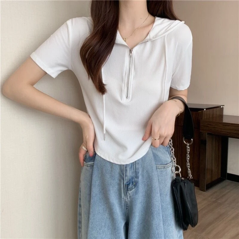 短袖卫衣夏季新款设计感气质小众显瘦百搭拉链连帽上衣Y