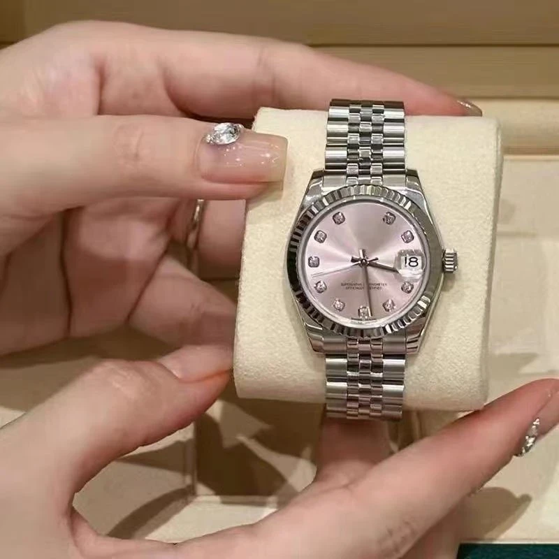 适配女士实心精钢手表带银色链金属双按蝴蝶扣五珠弧头表带