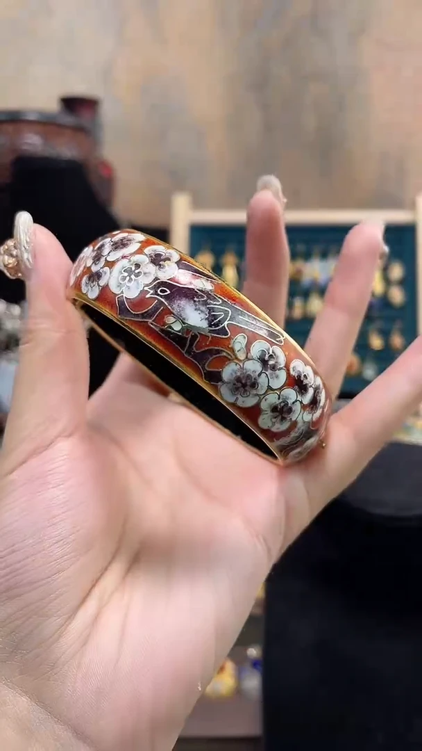 非遗手工景泰蓝开口银蓝镯子红色