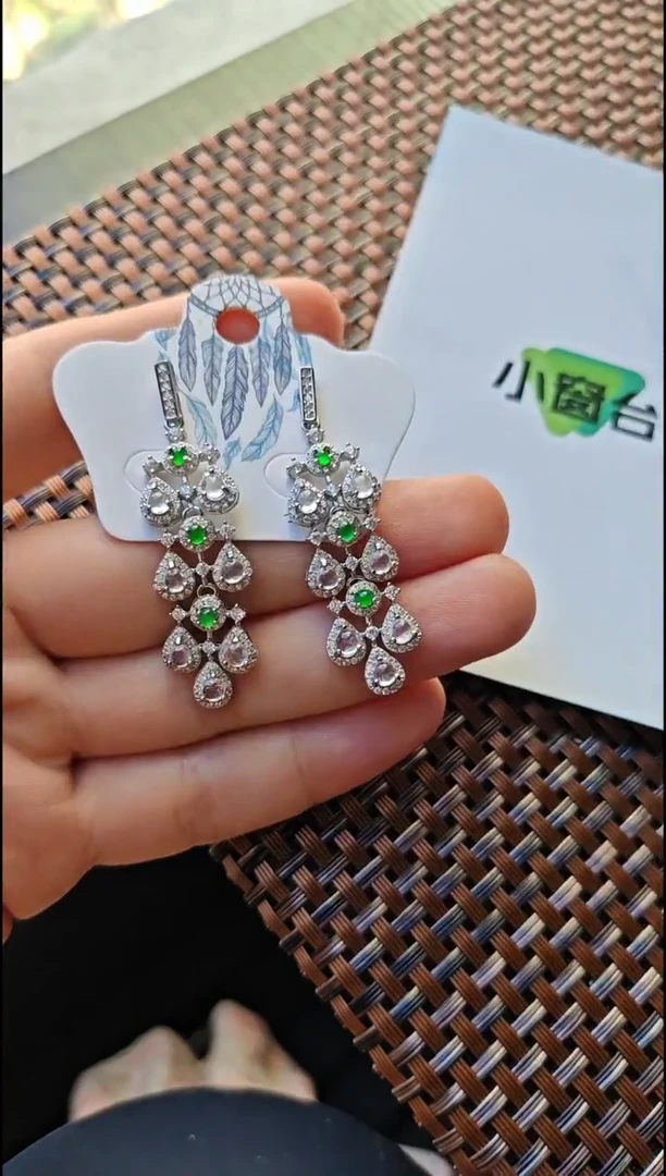 【闪购商品】翡翠耳饰银S925镶嵌翡翠耳饰S925银镶嵌