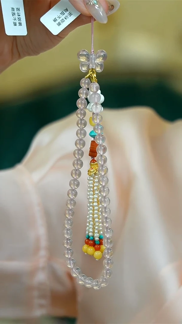 【闪购商品】水晶手机链银S925镶嵌粉晶松石925银手机链