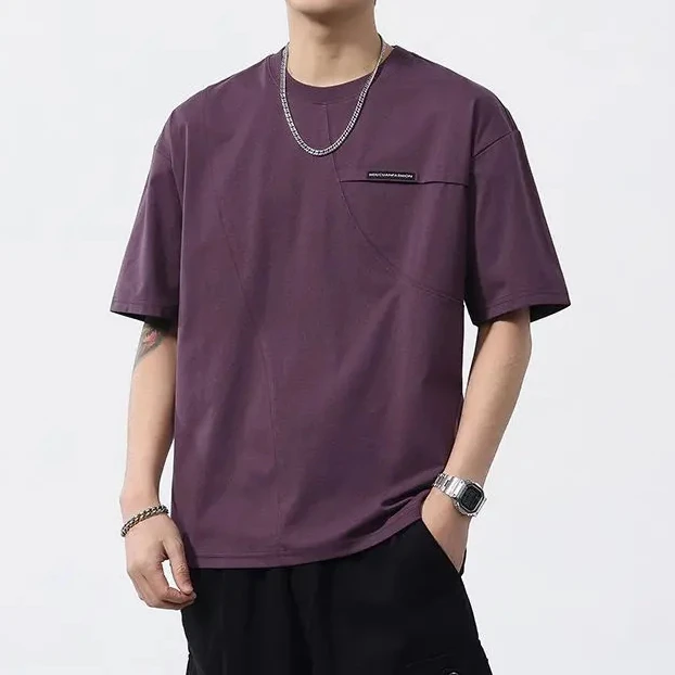时尚休闲舒适简约T恤男士2025夏季新款潮牌宽松百搭拼接半袖体恤