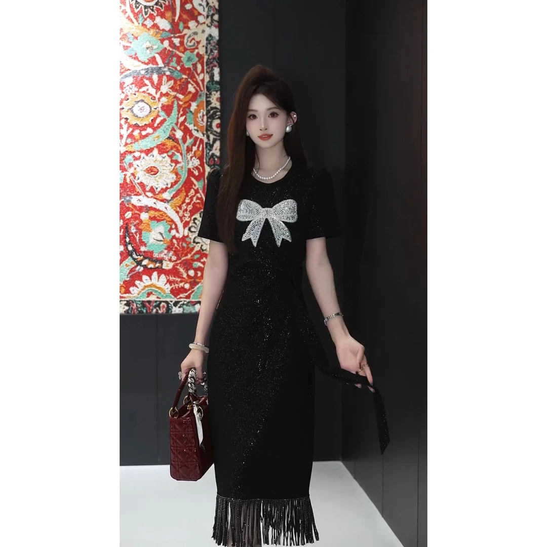 FY新款时尚轻奢名媛风气质优雅夏季短袖圆领百搭中长款流苏连衣裙