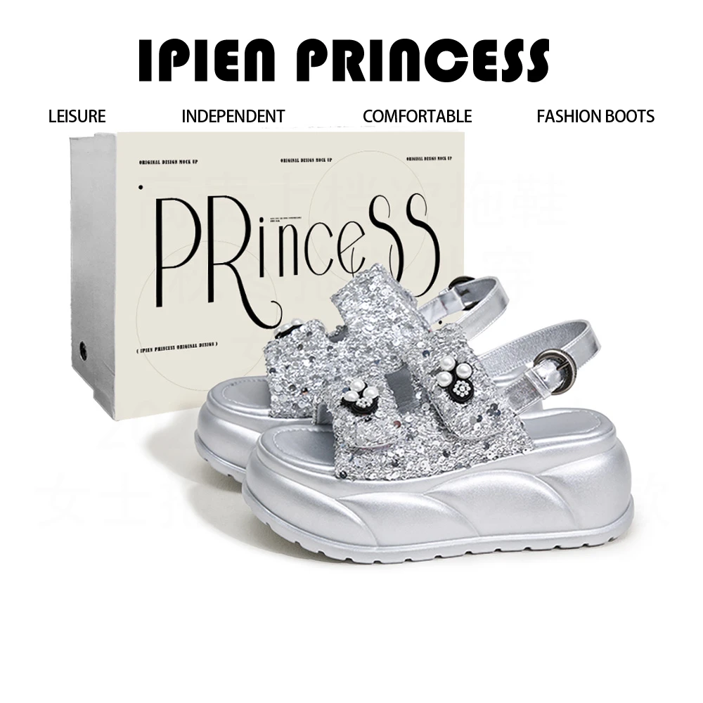 银色凉鞋女2025夏季新款休闲松糕鞋外穿百搭露趾厚底增高沙滩鞋子