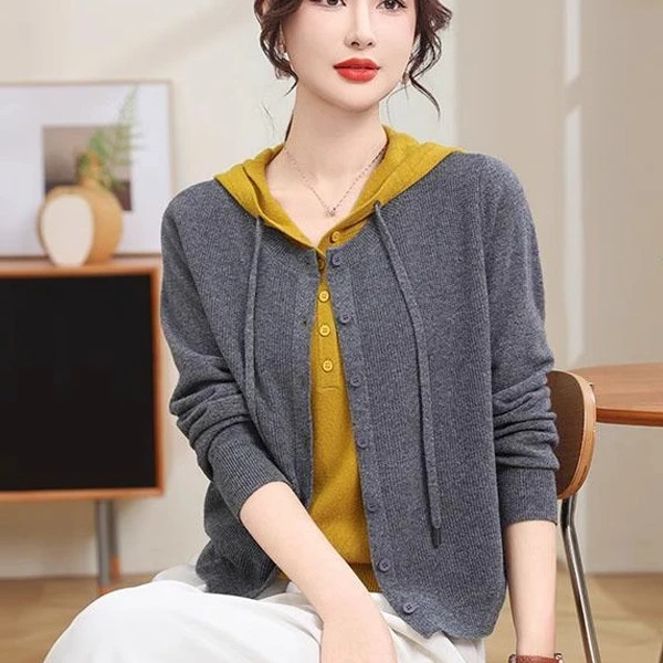 春秋新款假两件针织衫连帽开衫女长袖针织衫上衣宽松显瘦毛衣外套