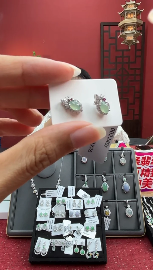 银S925镶嵌翡翠耳饰002240R