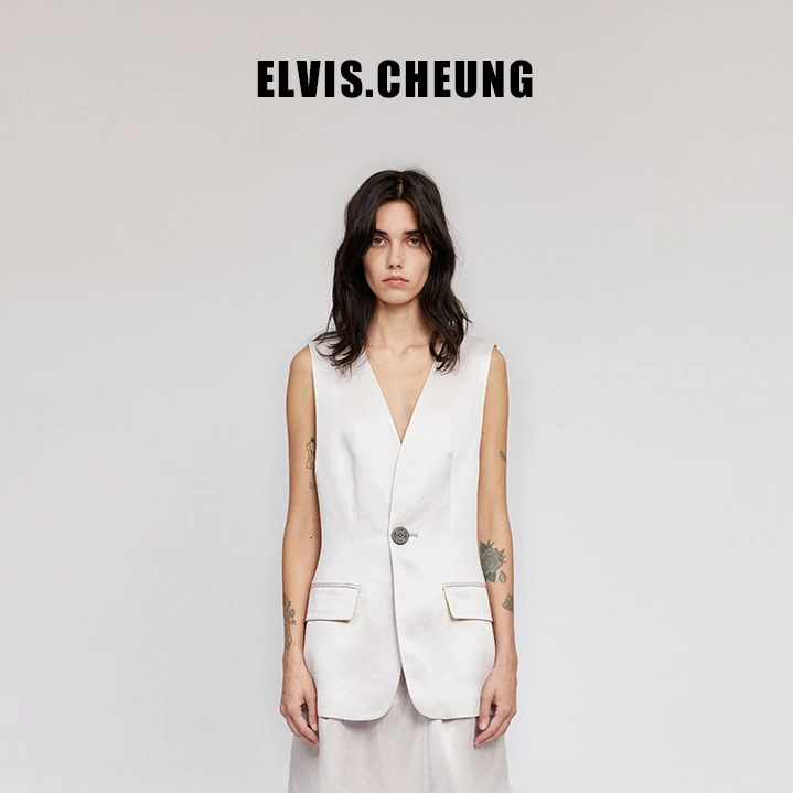 ELVIS.CHEUNG24春夏设计师款气质丝麻宽松版马甲西装马夹女