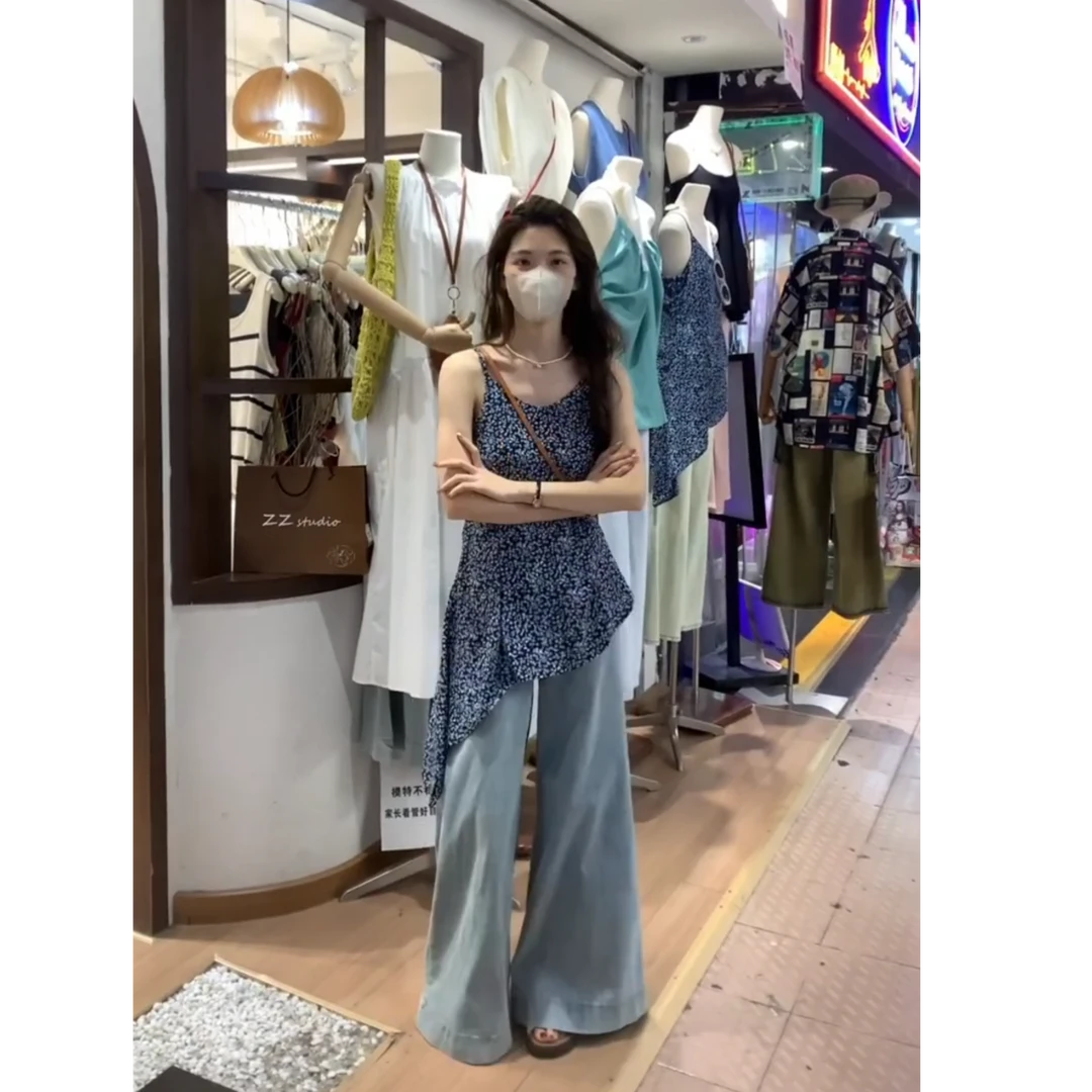 法式不规则吊带雪纺上衣阔腿牛仔裤套装女春季新款性感辣妹两件套