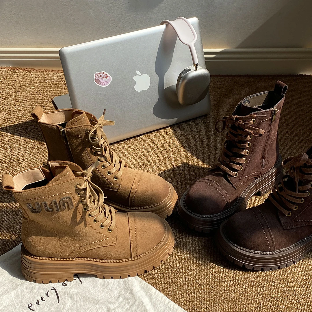 真皮！高品质处理！厚底增高百搭复古美拉德配色马丁靴