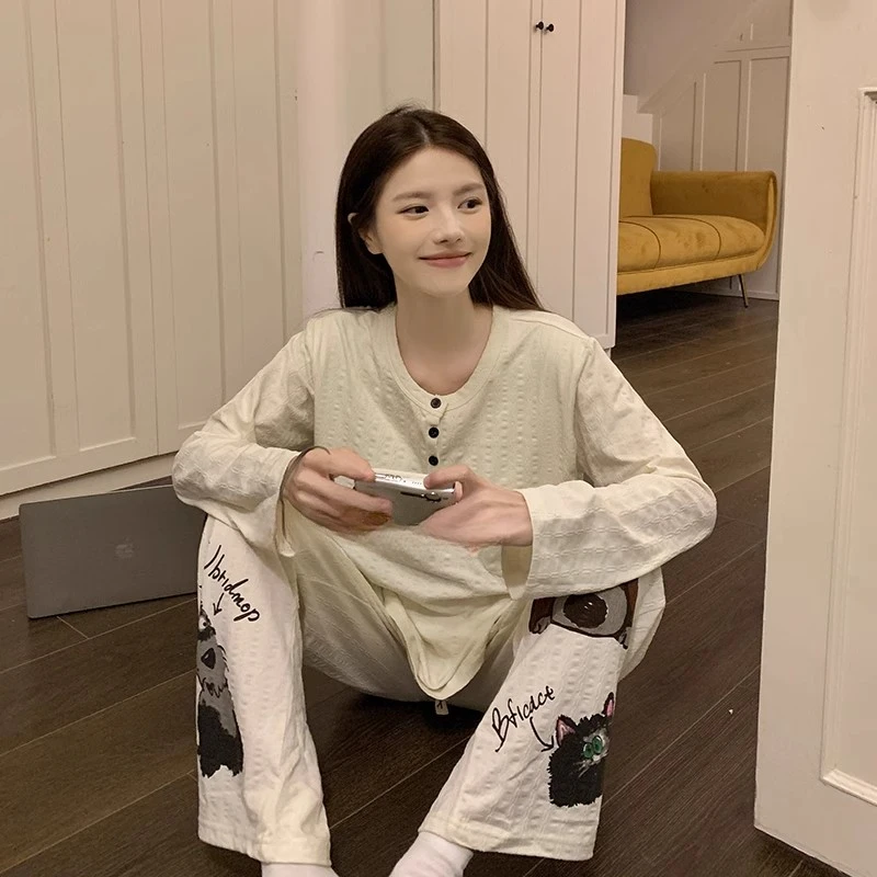 卡通睡衣套装女春秋冬季2025带胸垫甜美风可爱休闲长袖长裤家居服