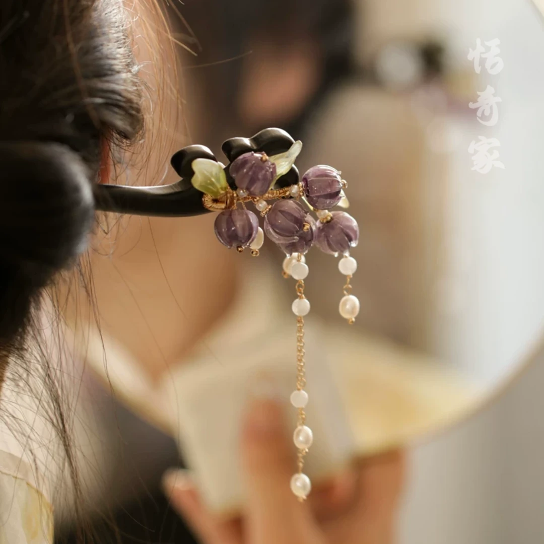 恬奇家z1739“紫色铃兰”高定琉璃原创设计木质发簪轻奢手工古风