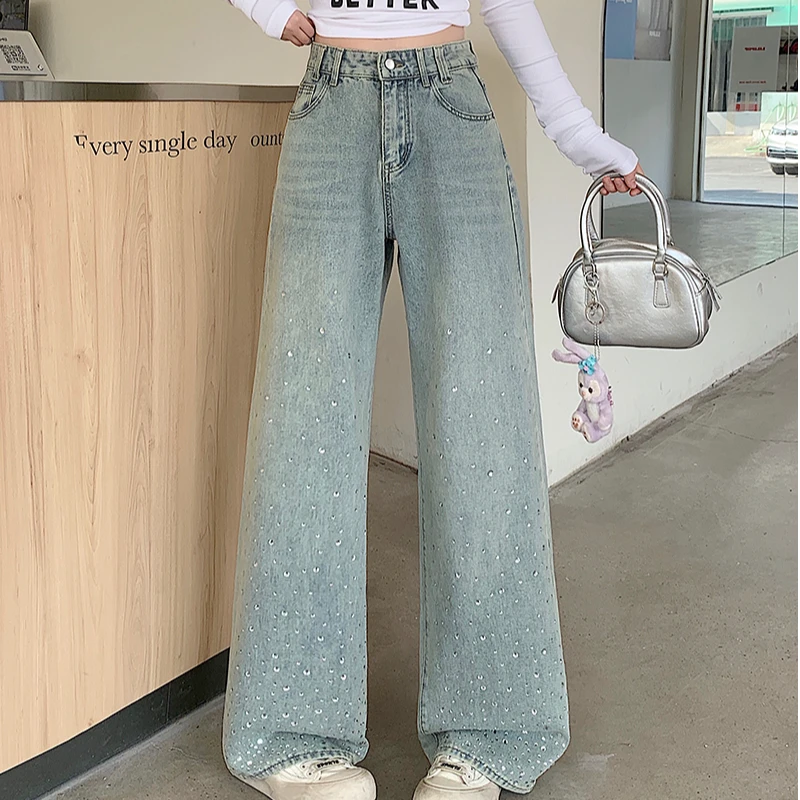 2025春装新款胖mm大码女设计感亮闪闪烫钻牛仔阔腿裤长裤30659