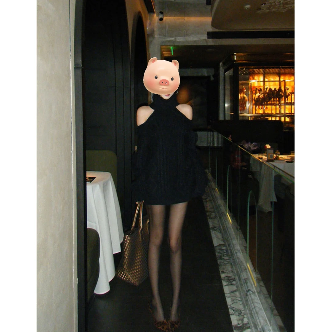 超好看黑色慵懒风加厚氛围感高领套头露肩毛衣女秋冬宽松上衣