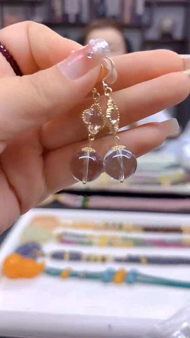 水晶耳饰14K金镶嵌DIY款E819