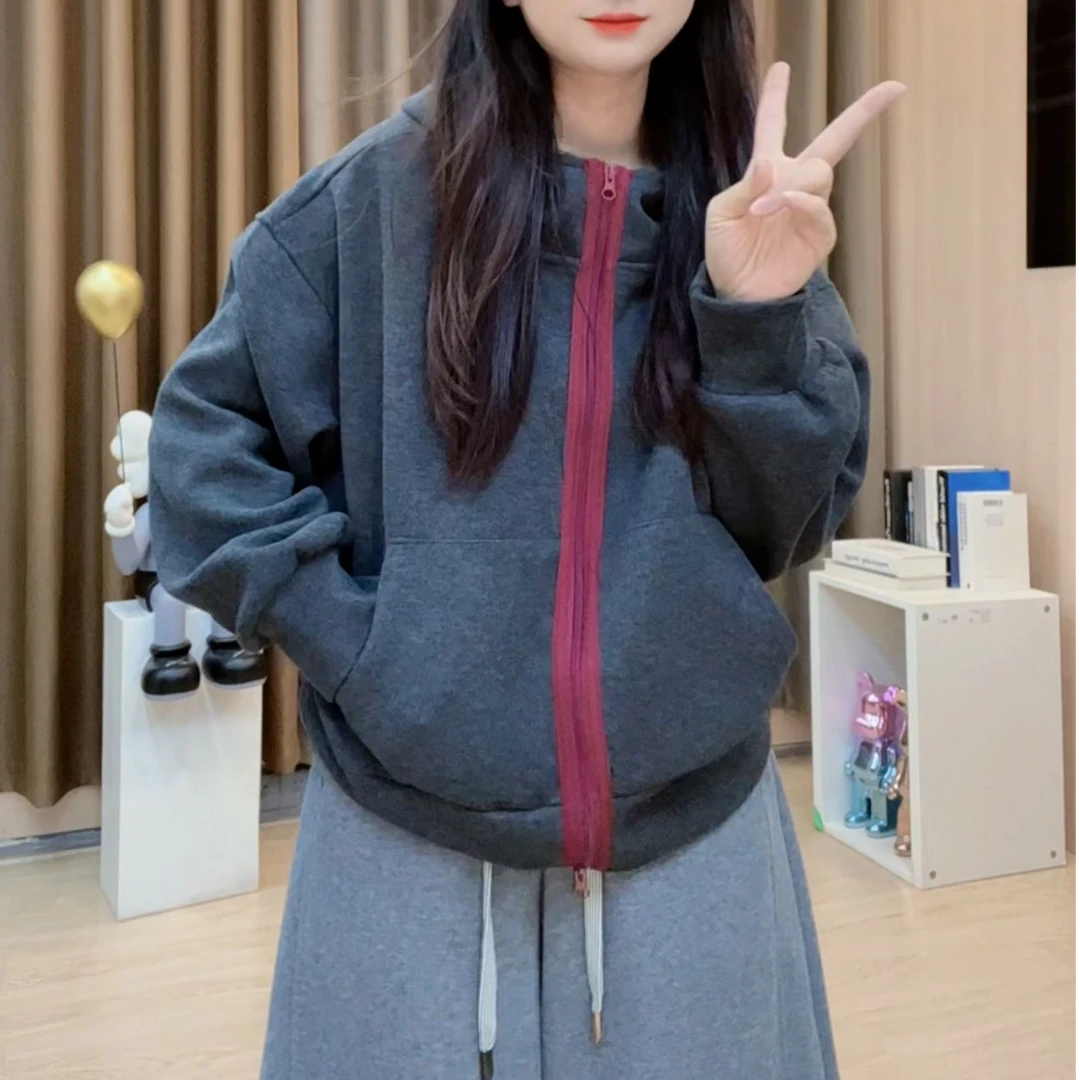 2025冬季新款女装韩版百搭休闲小外套宽松连帽拉链外套女B303