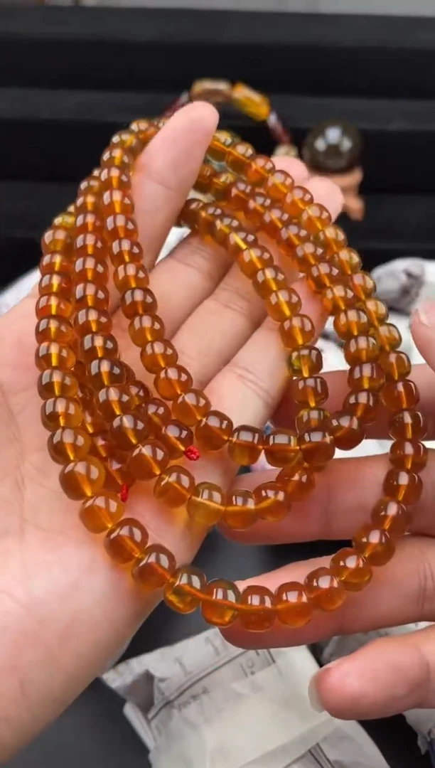 手链琥珀未镶嵌金棕红老型珠108项链