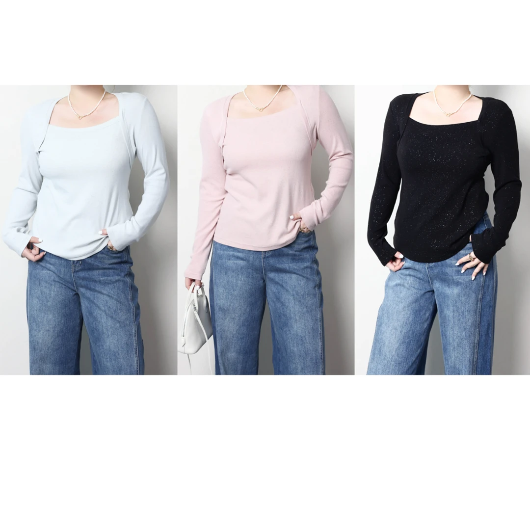 裂渡宣宣【细闪Tee】微胖大码女装春烫银舒适方领打底衫ZY411L90