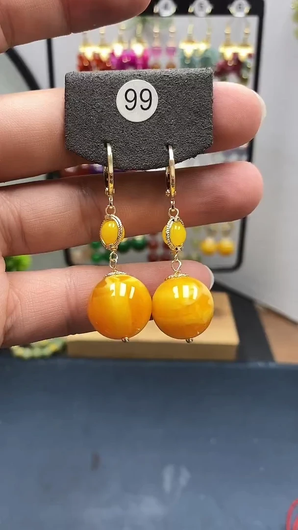 银S925镀金镶嵌蜜蜡耳饰尺寸16mm耳扣D1