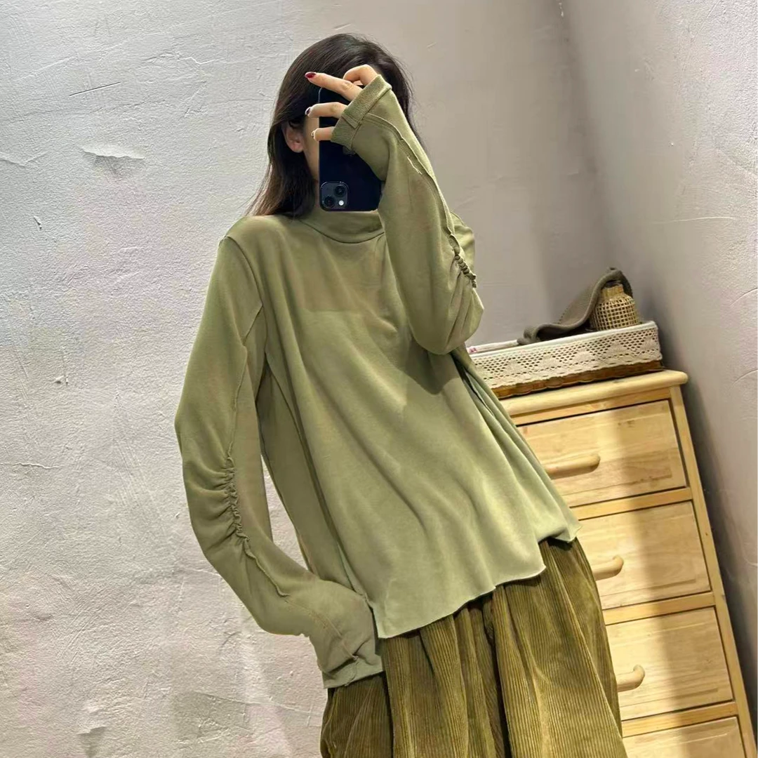 【半奏】秋季柔软弹力针织棉加绒不规则裁片半高领上衣胸围110长60