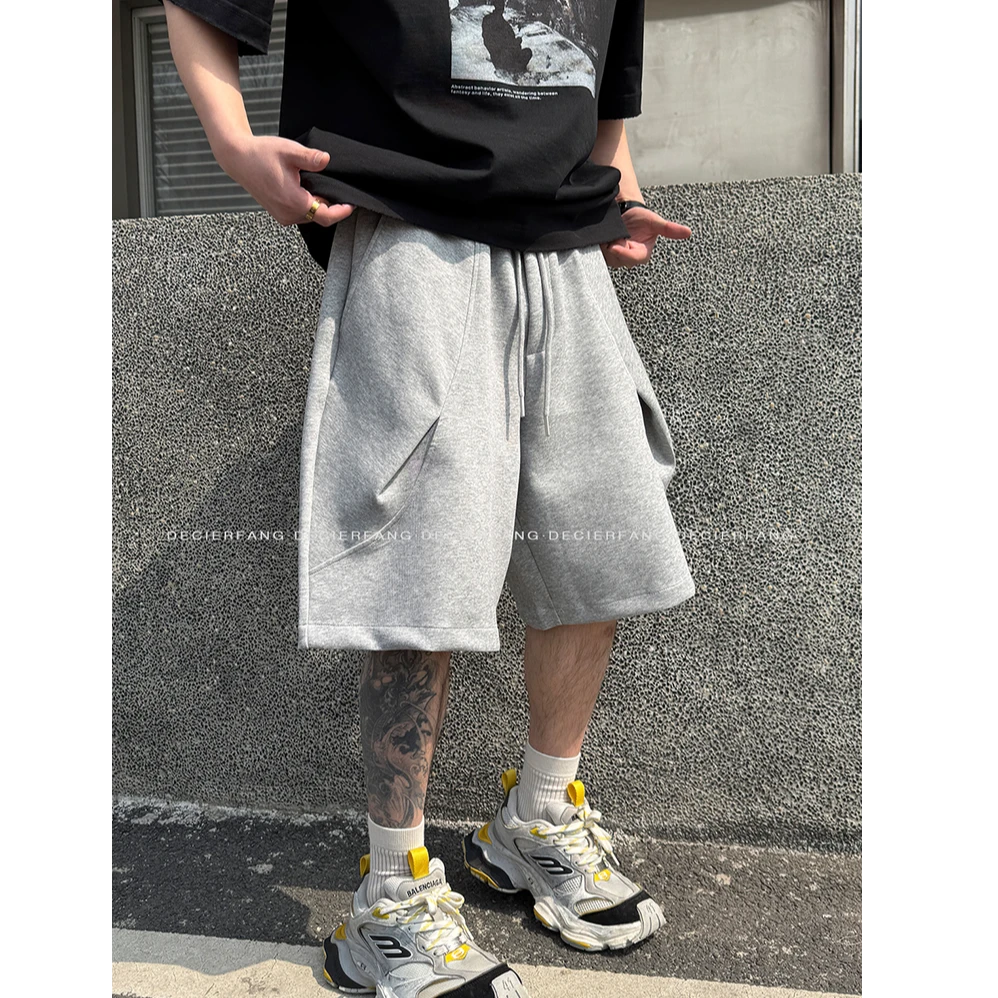 【暗褶圆弧剪裁】夏季重磅宽松挺阔弹力直筒五分卫裤男纯色百搭短裤