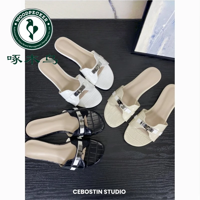 啄木鸟法式拖鞋女款2025新款夏外穿小众高级感ins平底沙滩凉拖鞋