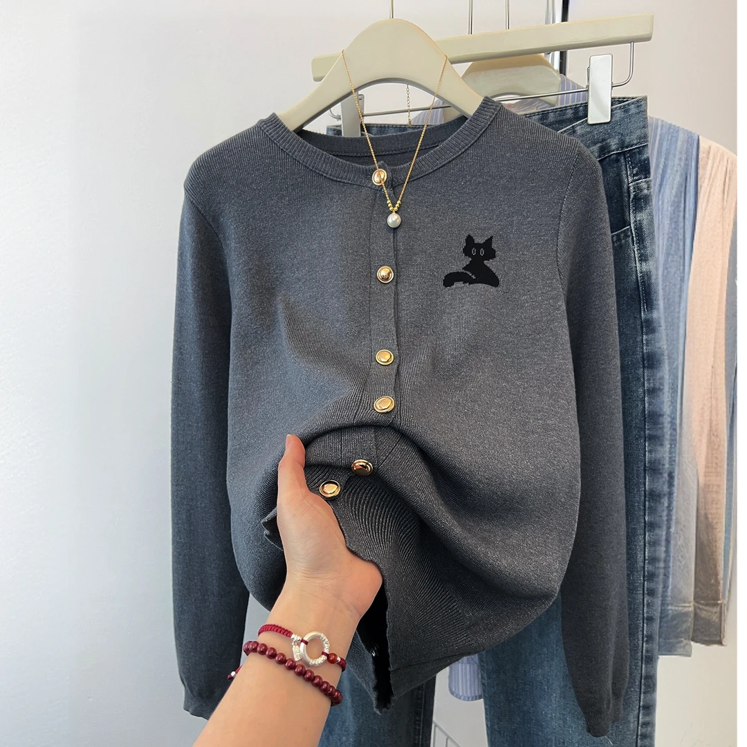 秋冬新款高级气质女上衣深灰色针织开衫毛衣显瘦提花猫咪图案