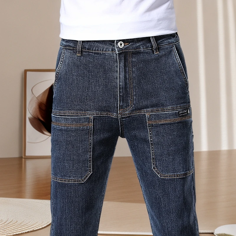六兜弹力男士牛仔裤水洗秋冬直筒耐磨百搭裤子男多口袋休闲长裤