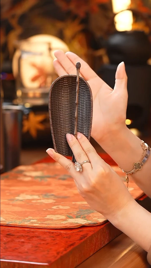 簸箕茶则/竹编纹古铜色/茶学入门器具