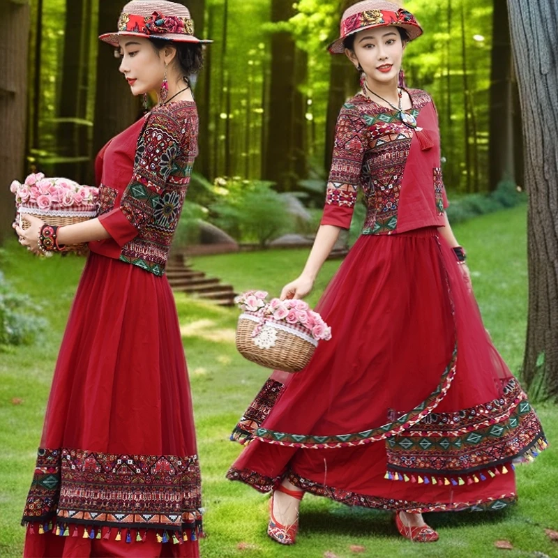 民族风旅游棉麻两件套女春上衣流苏半身裙舞套装中式中国风古风