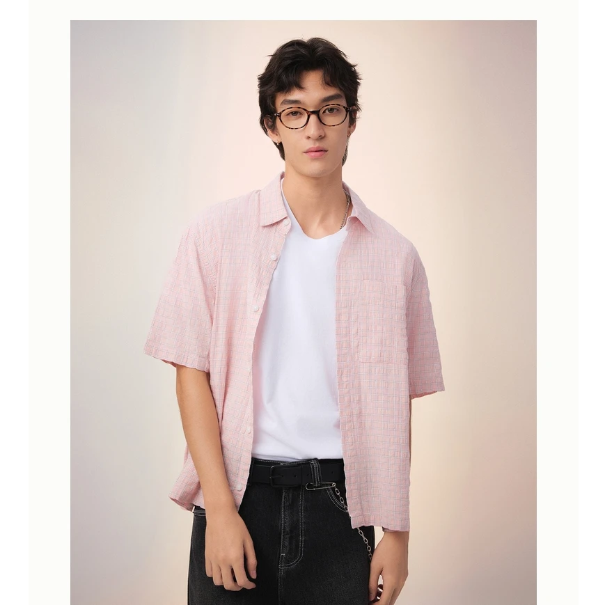 Hollister25夏美式肌理感外搭格子短袖衬衫男装325-5205