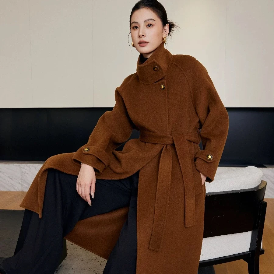 边芙卡高领手工毛呢外套长款绵羊毛大衣欧美韩版女装680967