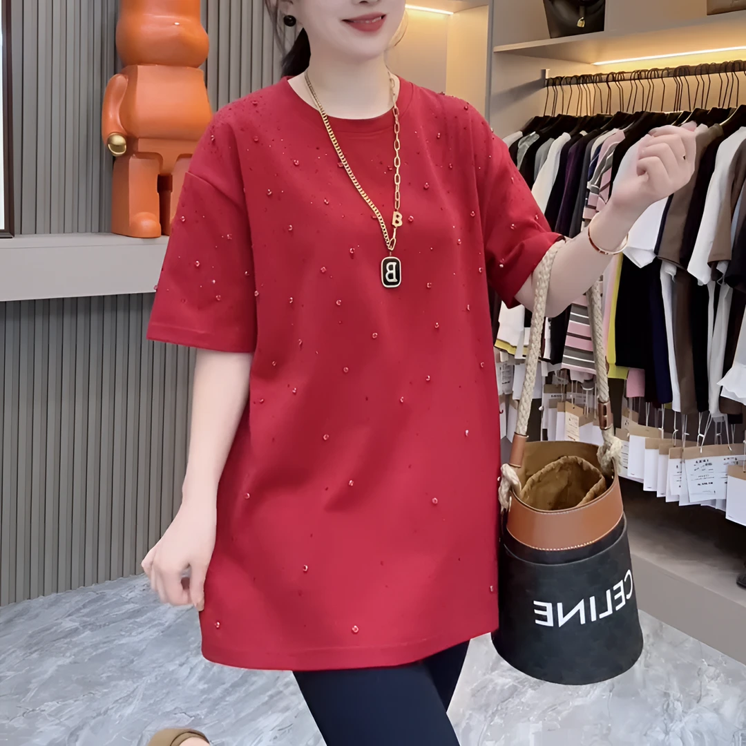 新款时尚洋气气质百搭女士宽松中长款杉显瘦加厚重工艺满天星半袖