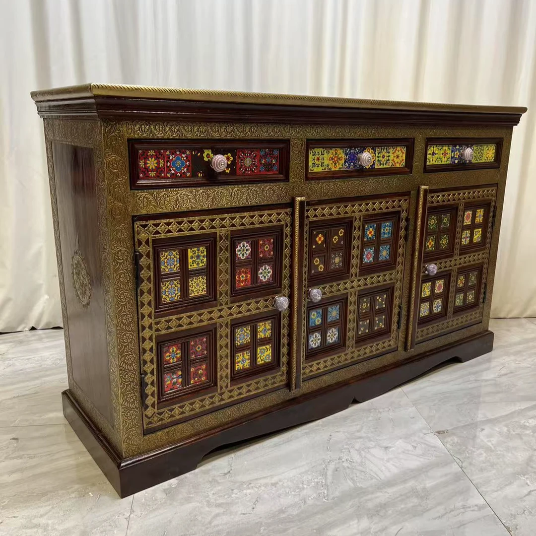 308博瑞奇进口黄檀木嵌铜餐边柜客厅三门置物柜玄关三抽柜09582