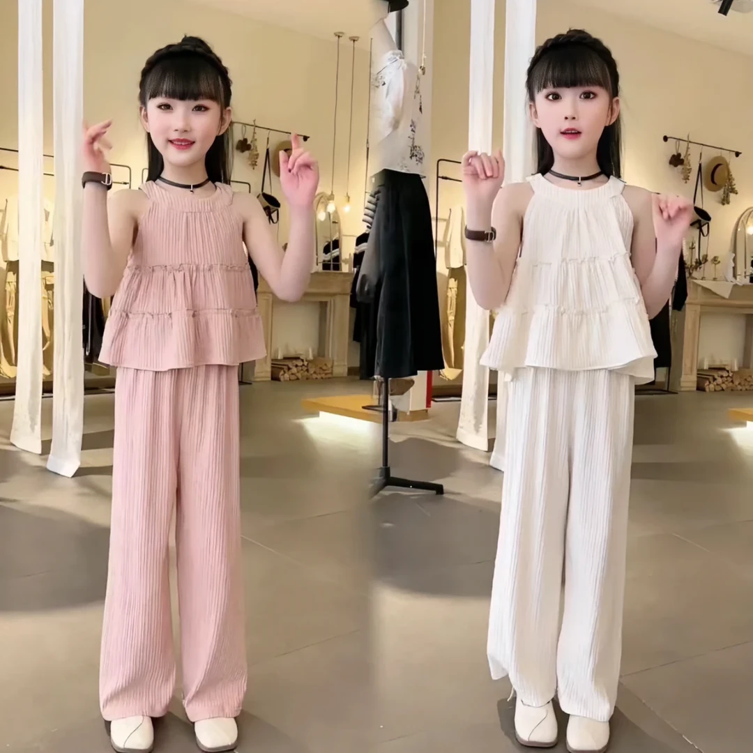女童无袖套装夏装2025夏季新款韩版洋气雪纺薄款阔腿裤两件套