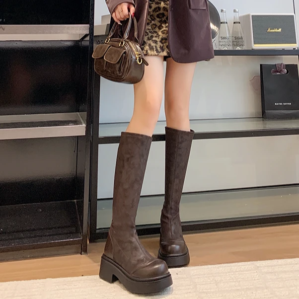 长筒靴女2025秋冬新款绒面高跟长靴黑色弹力女靴厚底不过膝骑士靴