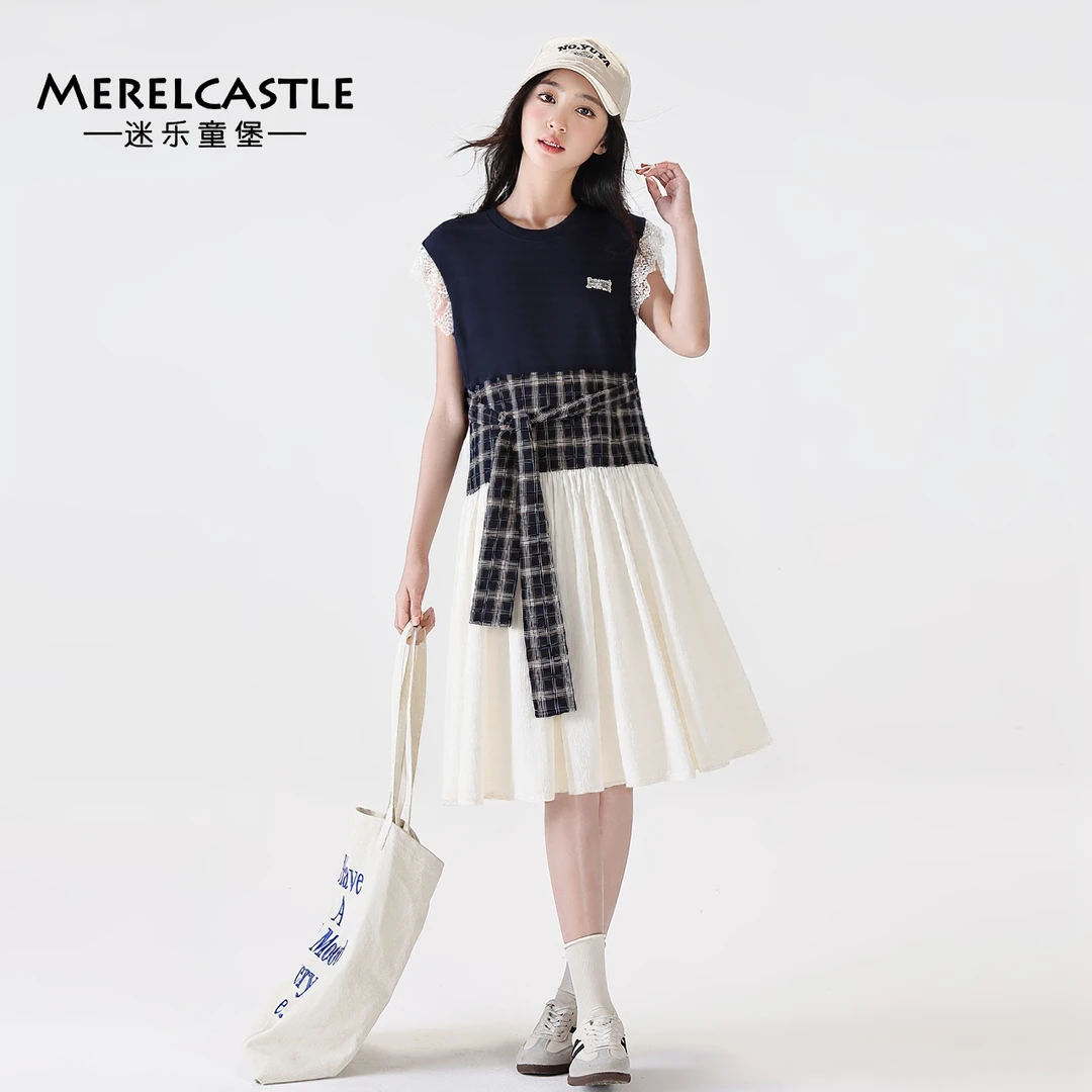 C5509女童拼接格子连衣裙大童青少年装夏季新款初中生时尚休闲
