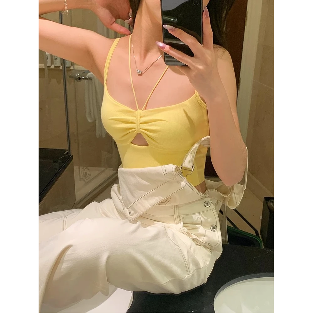 D2025新款纯欲镂空挂脖吊带背心女内搭可外穿修身短款带胸垫上衣