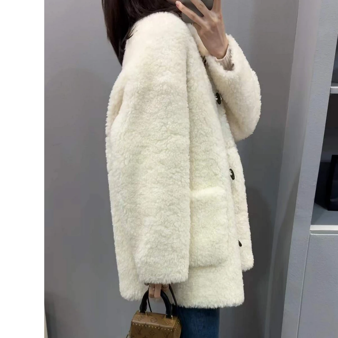 汤圆家 【新年战衣】定制款显瘦简约牛角扣毛毛大衣（不可机洗）