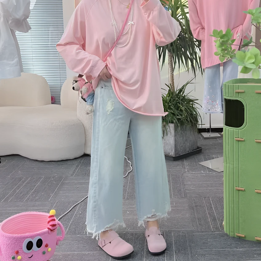 【纯熙+】18833早秋新款散边不规则底边做旧破洞牛仔裤女韩版宽松