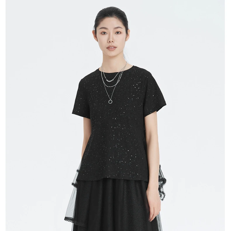 【粉丝专享】圣迪奥轻奢时尚休闲百搭女装拼接显瘦T恤S222Z0135