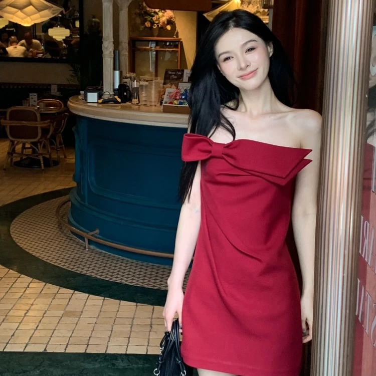 秋季新款高腰显瘦气质无袖蝴蝶立体剪裁抹胸内搭连衣裙女