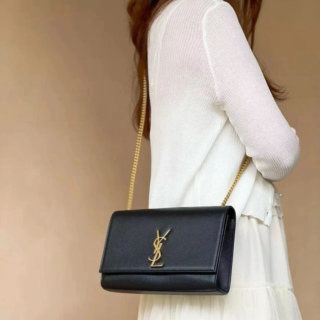 95新 YSL/圣罗兰 GGSKate中号黑金荔枝牛皮66830046