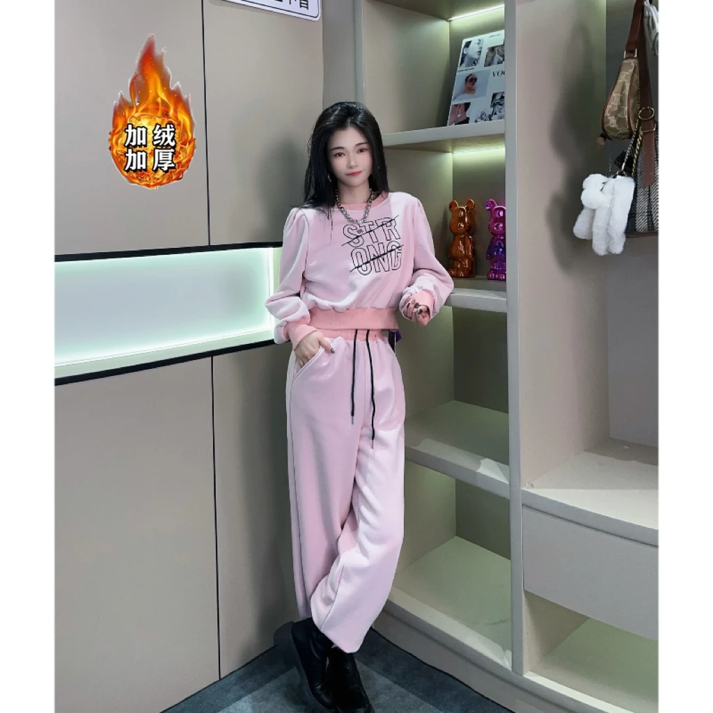 加绒加厚韩版休闲运动套装新款显瘦连帽卫衣长裤减龄两件套