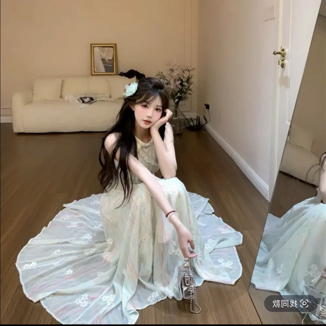 茉莉青绿2.0 夏季甜美显瘦收腰设计感连衣裙法式新款高级感蓬蓬裙