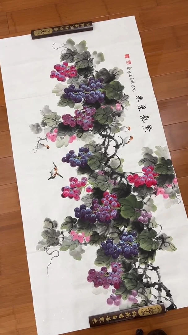 国画【福利，纯手工手绘】张文忠葡萄横幅138*68厘米