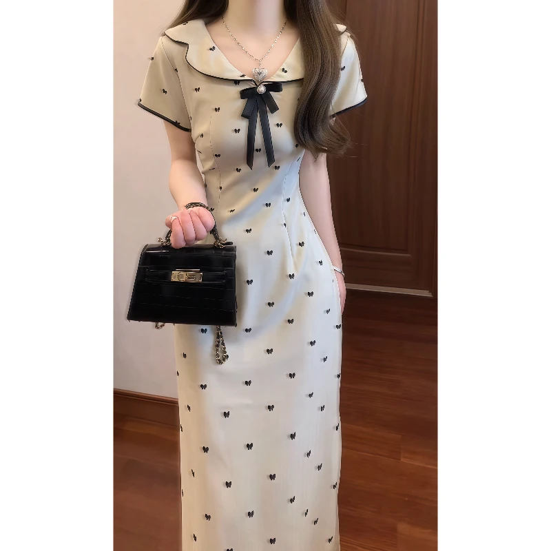 新中式国风改良旗袍连衣裙少女日常娃娃领波点收腰长裙9647