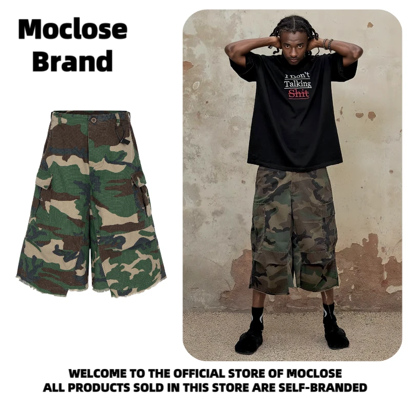 Moclose 美式街头春夏休闲迷彩做旧毛边廓形男女宽松工装七分短裤