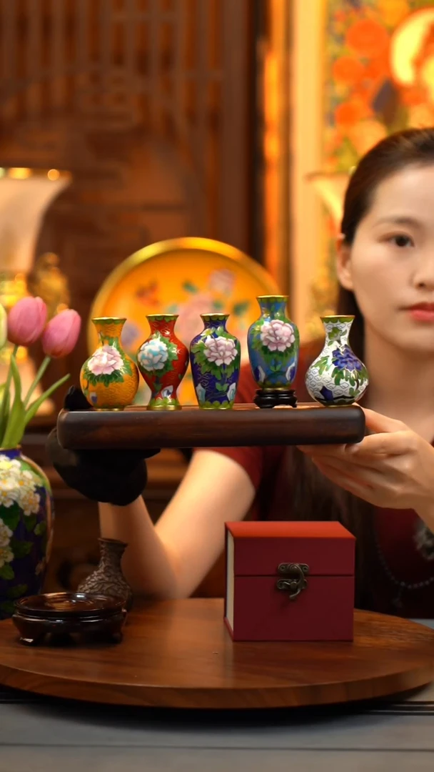 景泰蓝紫铜花瓶 含底座5个