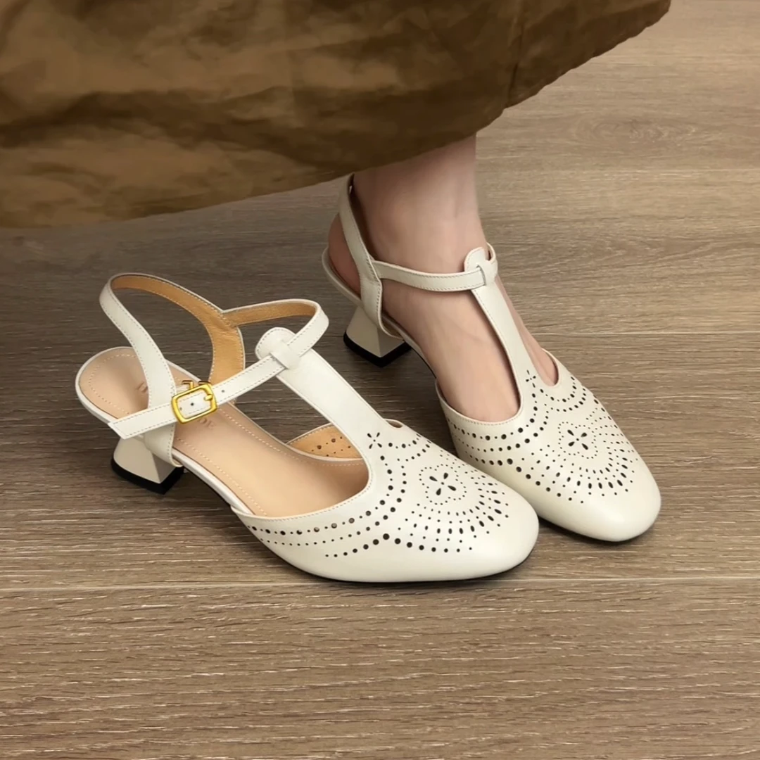 Dannyfrey布洛克风雕花镂空凉鞋夏季春夏复古T字带百搭透气女鞋