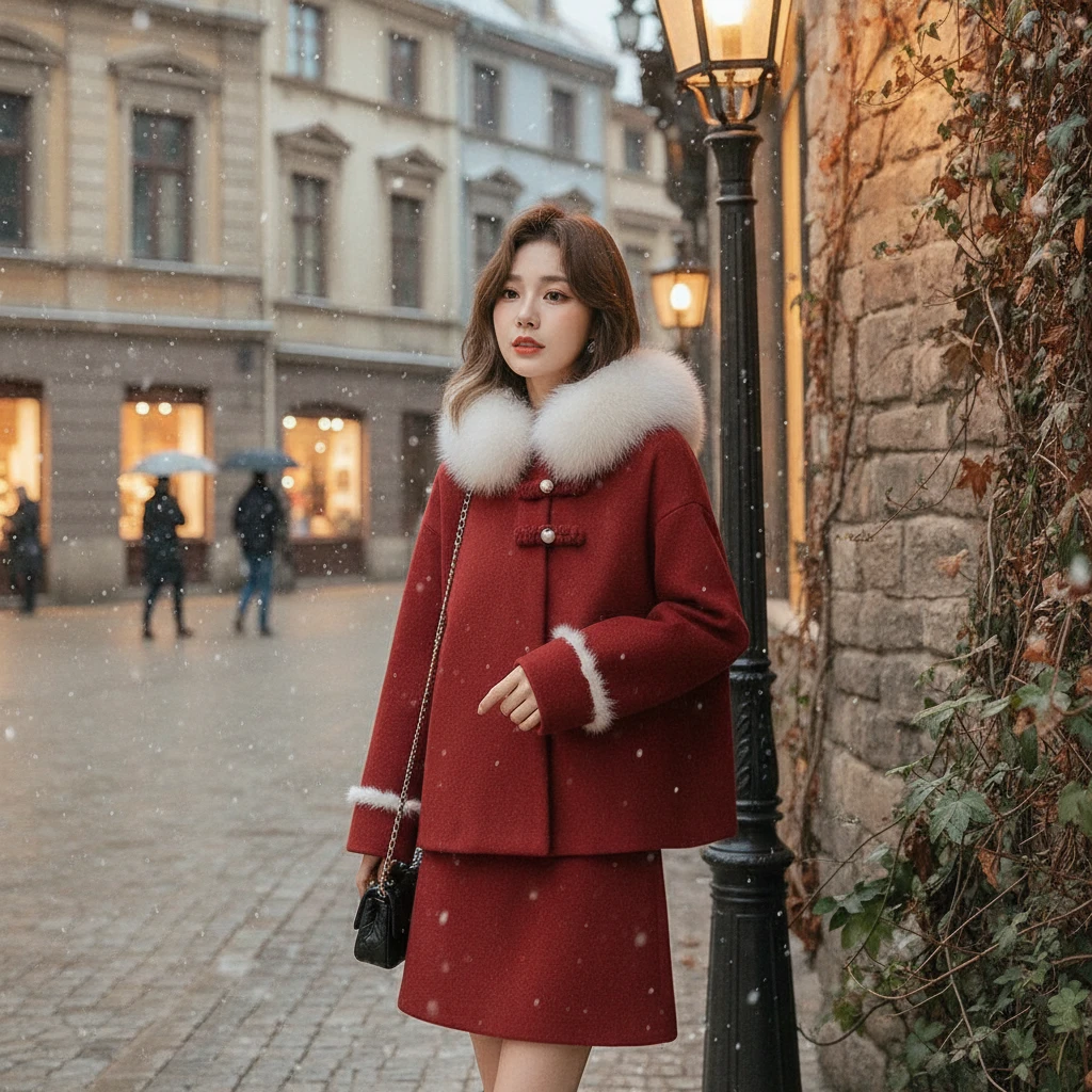 拼接毛呢套装女2025秋冬款两件套圣诞新年套装气质简约风小香风